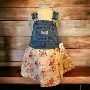 OshKosh B'gosh Denim Overalls Dress Floral Ruffle Baby Girl 18 Months